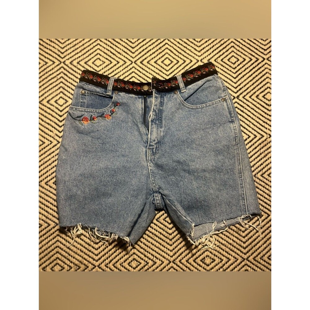 Vintage 1990s denim cutoff jean shorts rose floral embroidery